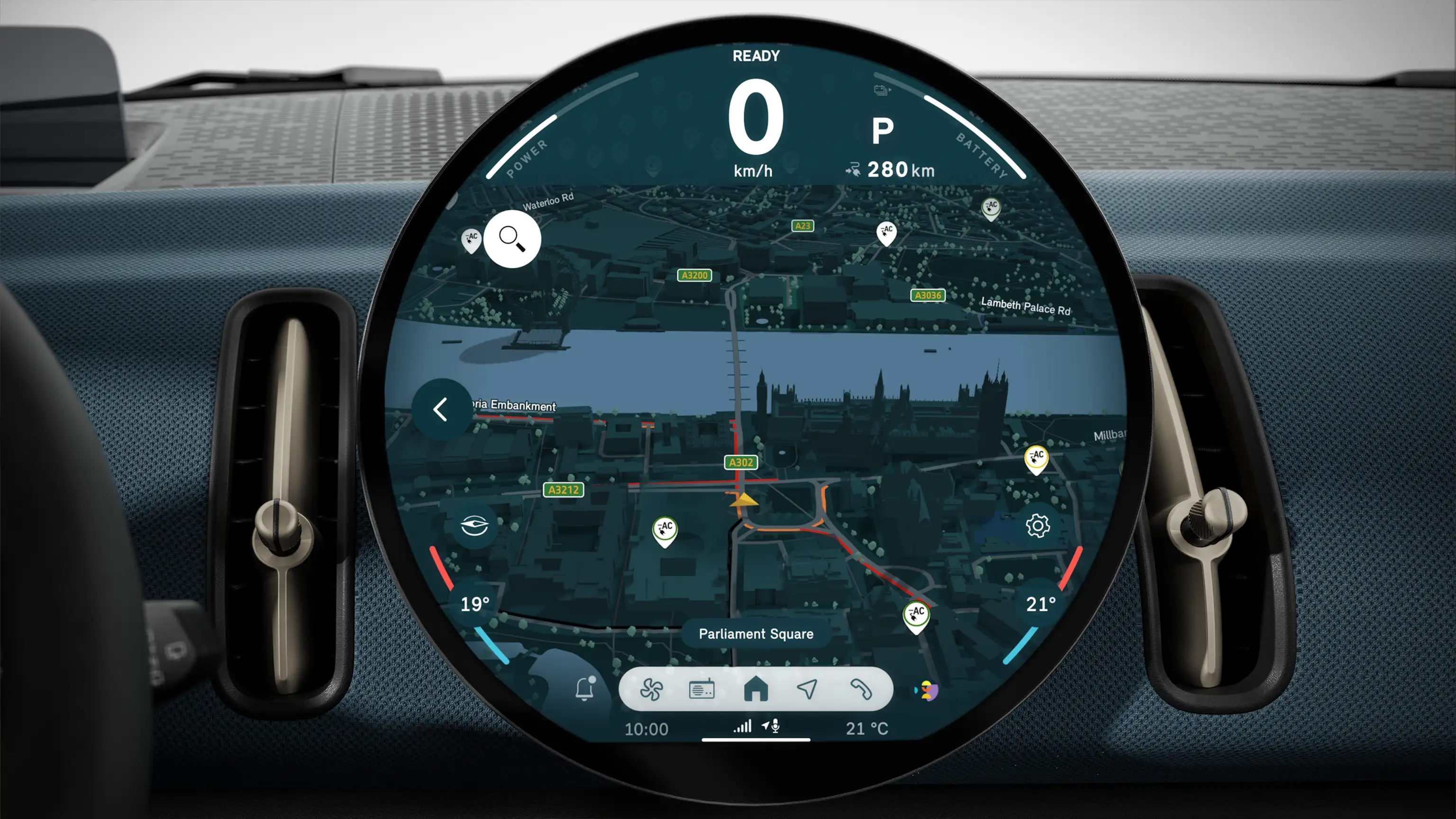 Круглый дисплей мультимедийной системы MINI, отображающий 3D‑навигацию с маршрутом и деталями окружающей карты.